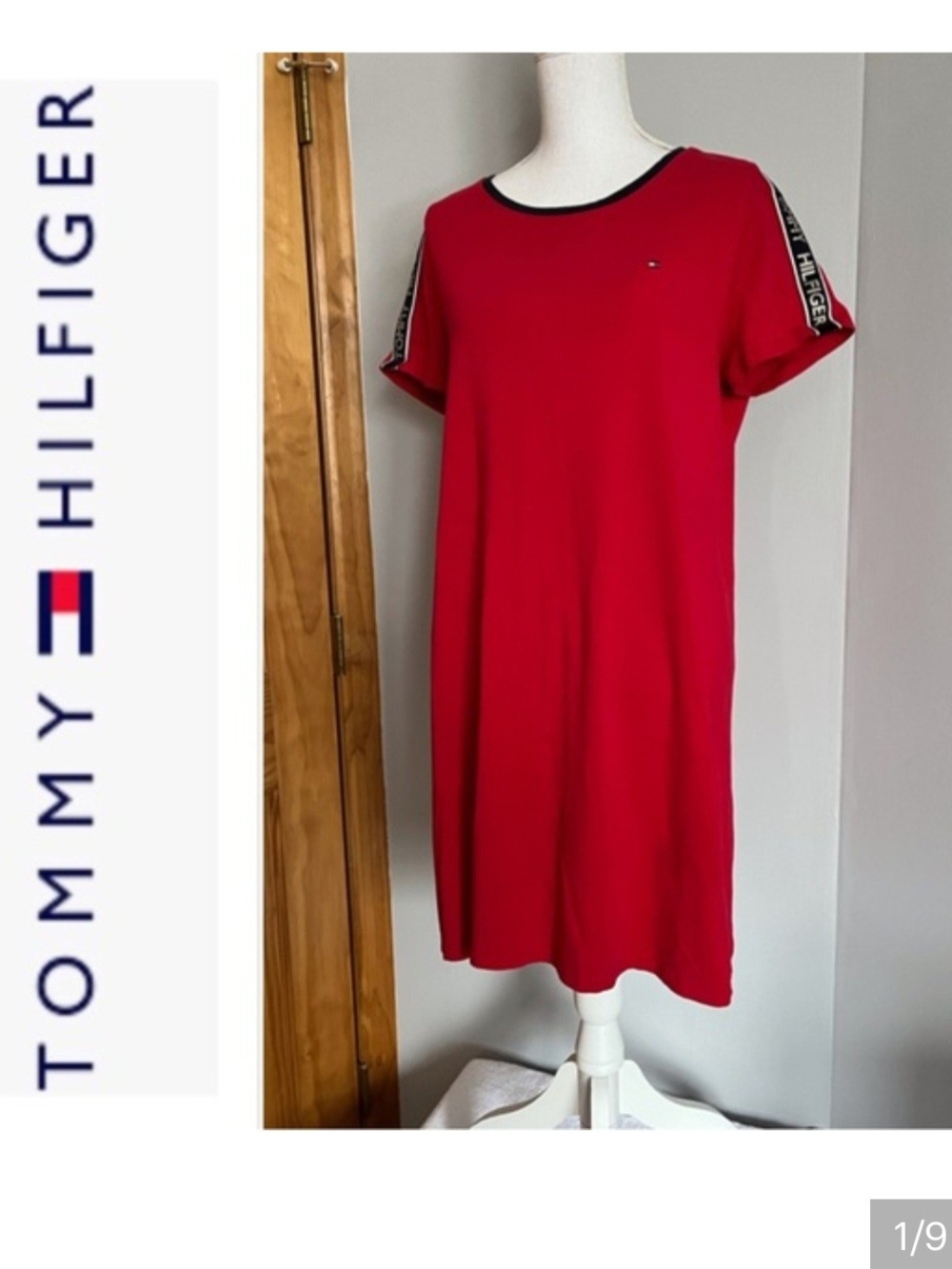 Tommy Hilfiger Red Short-Sleeve Midi Shift Dress with Logo Tape
